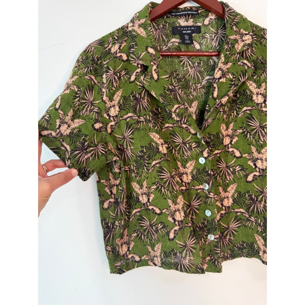 Tahari 100% Linen Green Botanical Print Top Women M Cropped Boxy Button Front - Picture 4 of 8